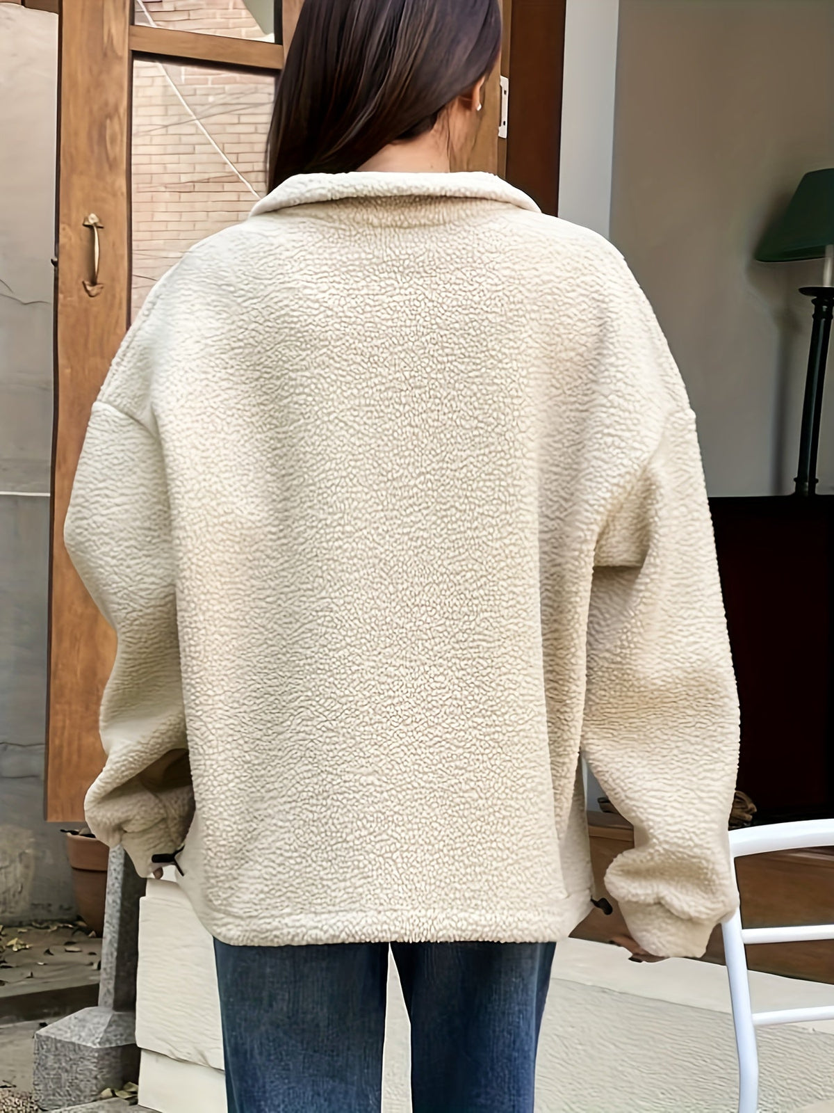 Women's Sherpa Fleece Quarter-Zip Pullover Stand Collar Oversized Contrast Zip