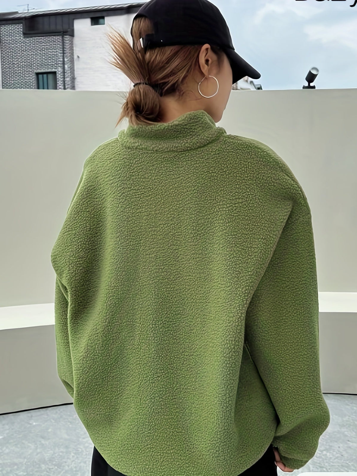 Women's Sherpa Fleece Quarter-Zip Pullover Stand Collar Oversized Contrast Zip
