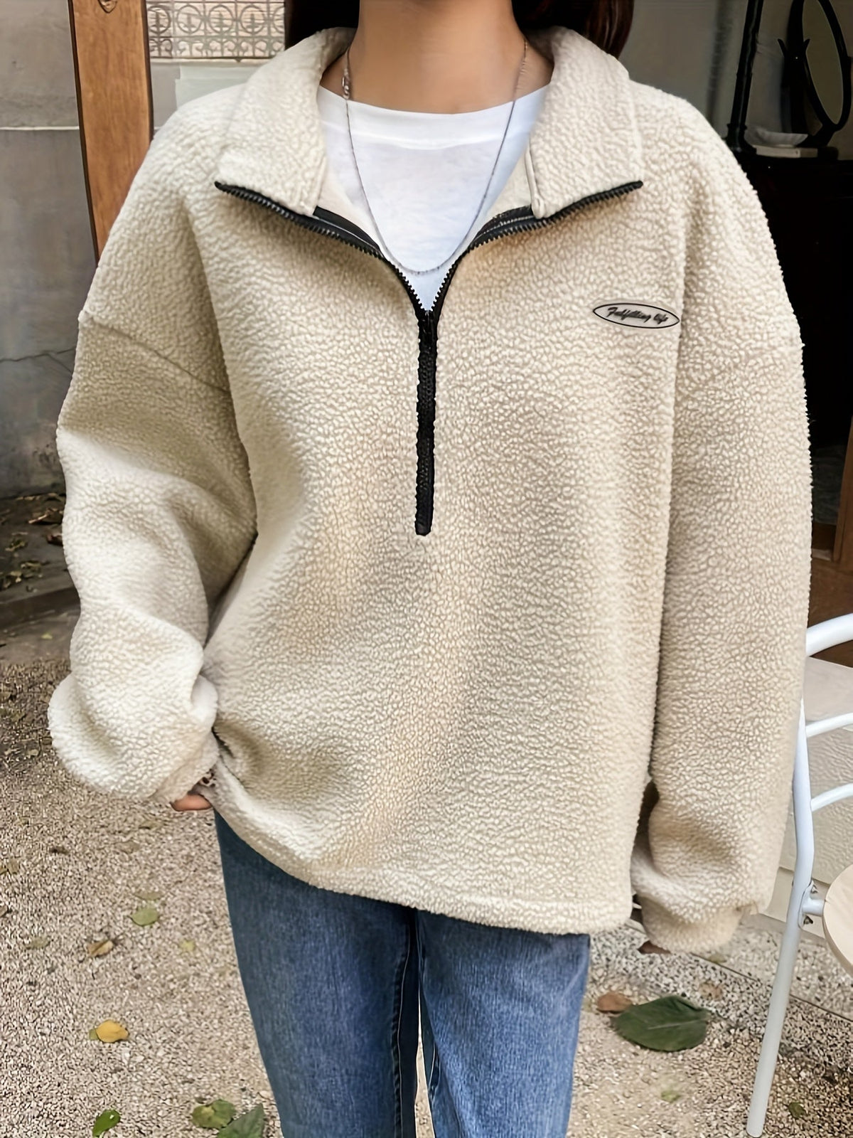 Women's Sherpa Fleece Quarter-Zip Pullover Stand Collar Oversized Contrast Zip