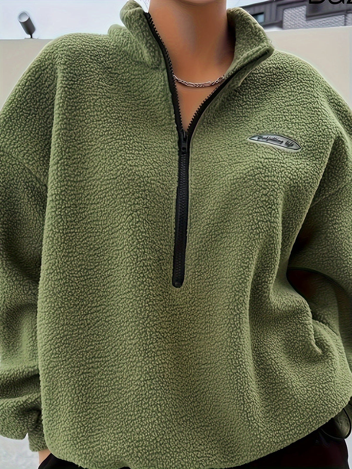 Women's Sherpa Fleece Quarter-Zip Pullover Stand Collar Oversized Contrast Zip