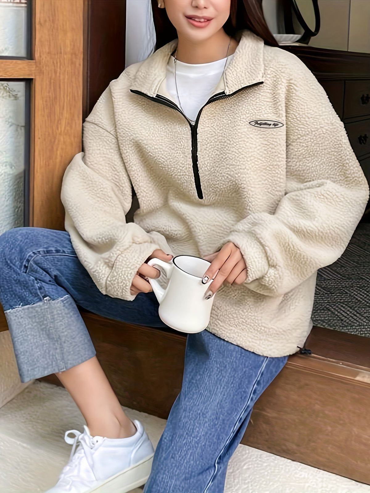 Women's Sherpa Fleece Quarter-Zip Pullover Stand Collar Oversized Contrast Zip