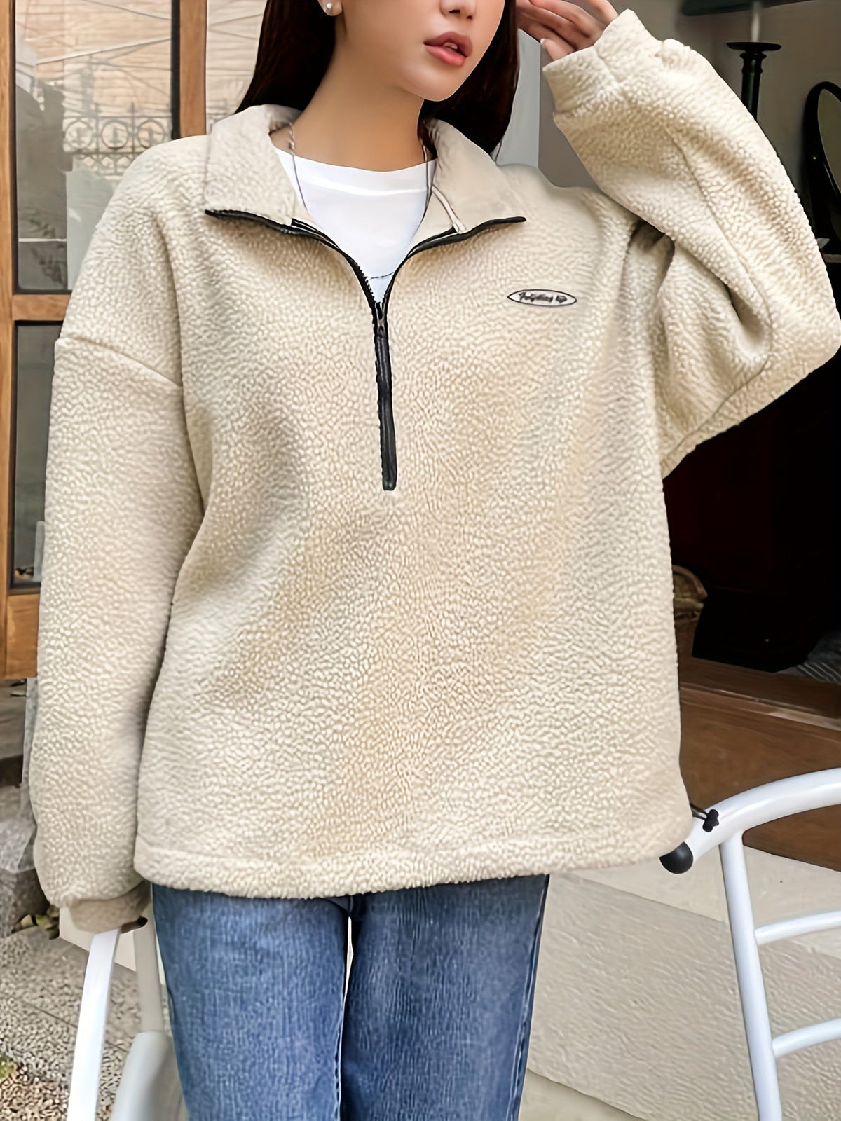 Women's Sherpa Fleece Quarter-Zip Pullover Stand Collar Oversized Contrast Zip