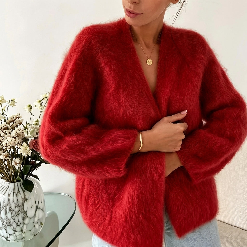 Women's Fluffy Angora Knit Cardigan V-Neck Open-Front Balloon-Sleeve Relaxed