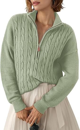 Women's Chunky Cable Knit Half-Zip Pullover Stand Collar Relaxed Sweater