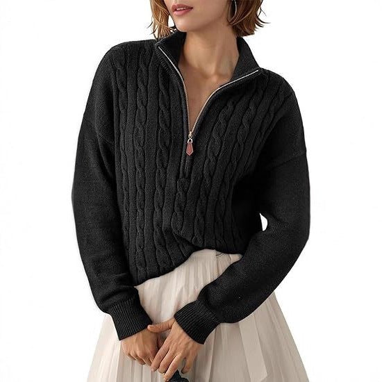 Women's Chunky Cable Knit Half-Zip Pullover Stand Collar Relaxed Sweater