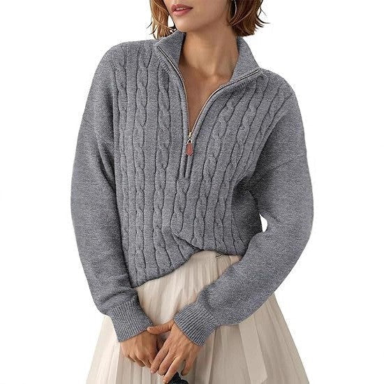 Women's Chunky Cable Knit Half-Zip Pullover Stand Collar Relaxed Sweater