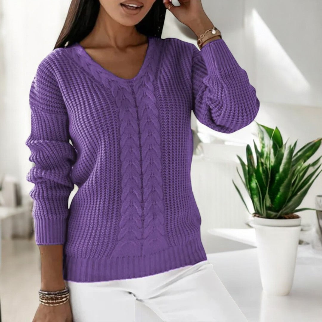 Women's Cable Knit Sweater V-Neck Waffle Textured Relaxed Long-Sleeve Pullover
