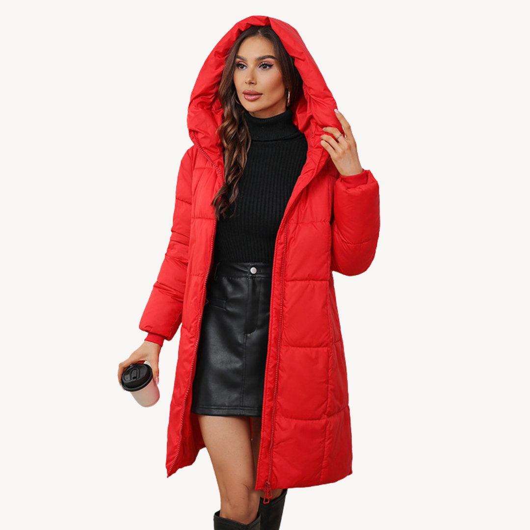 Women's Hooded Puffer Coat Box-Quilted Full-Zip Longline Fitted Warm