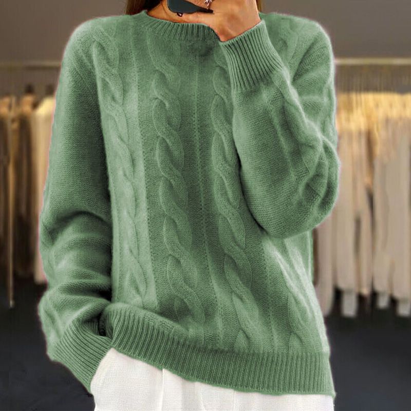 Women's Cable Knit Sweater Crewneck Soft Textured Relaxed Long-Sleeve Pullover
