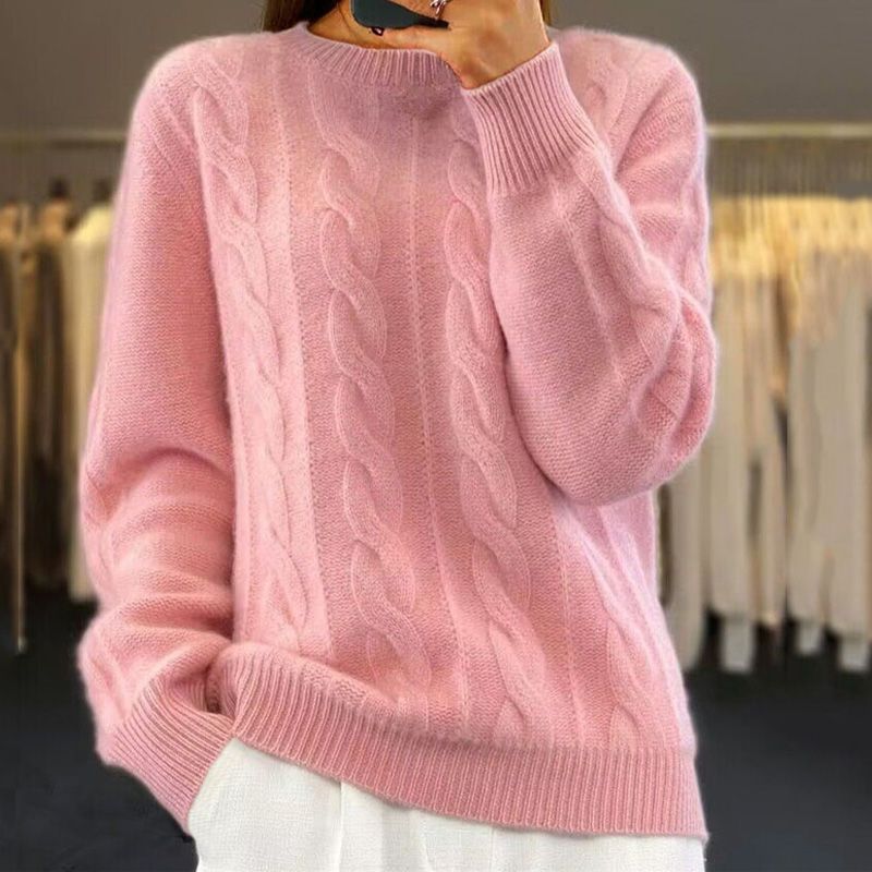 Women's Cable Knit Sweater Crewneck Soft Textured Relaxed Long-Sleeve Pullover