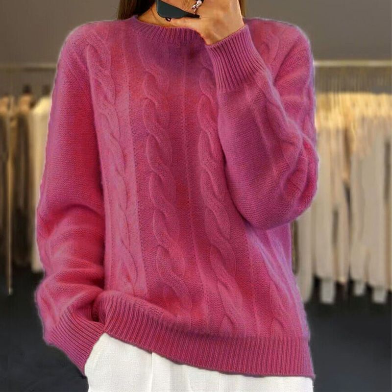 Women's Cable Knit Sweater Crewneck Soft Textured Relaxed Long-Sleeve Pullover