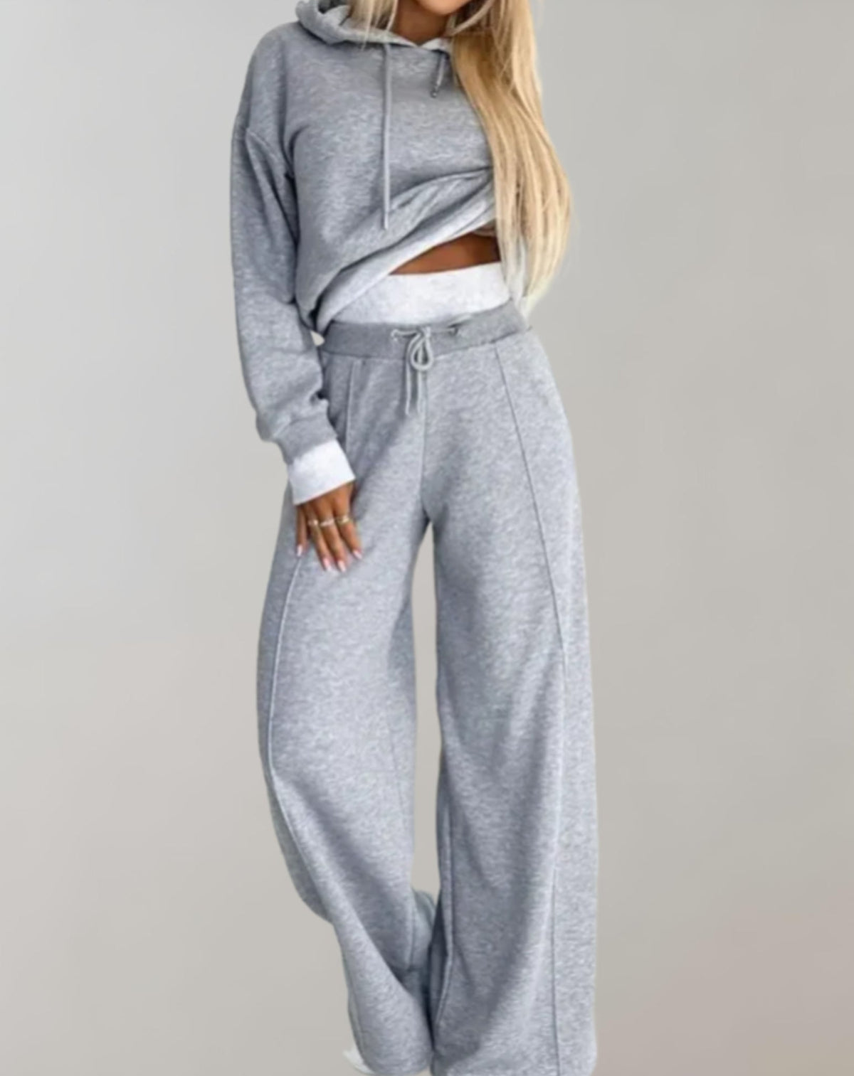 Women's Two-Piece Tracksuit Cropped Hoodie Wide-Leg Pants Drawstring Athleisure