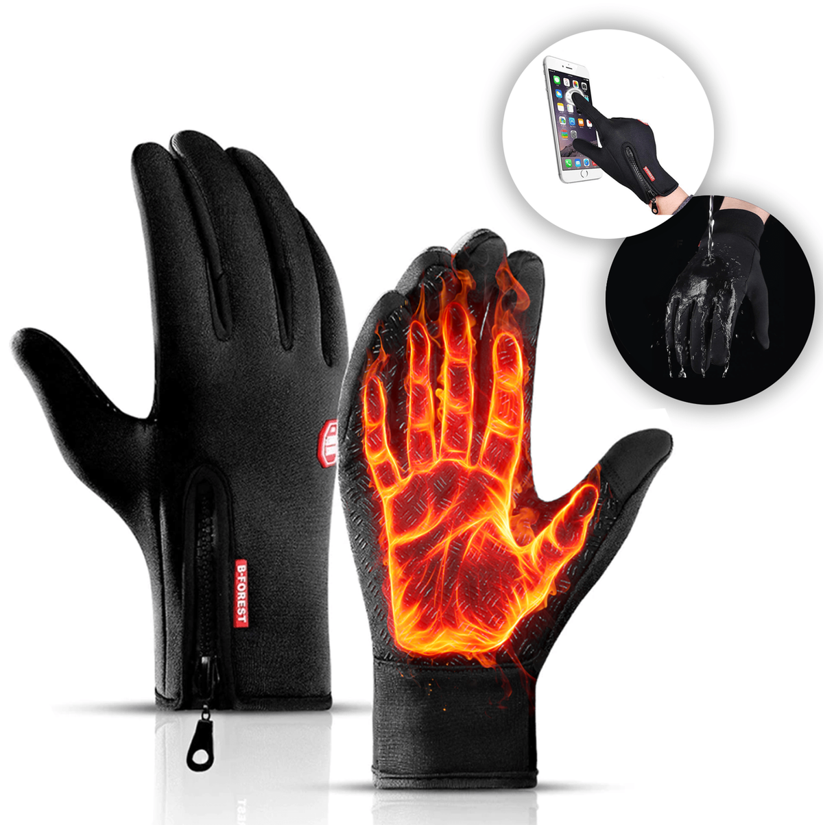 Black Thermal Winter Gloves Touchscreen Anti-Slip Windproof Zip Warm Cold-Weather
