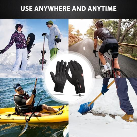 Black Thermal Winter Gloves Touchscreen Anti-Slip Windproof Zip Warm Cold-Weather
