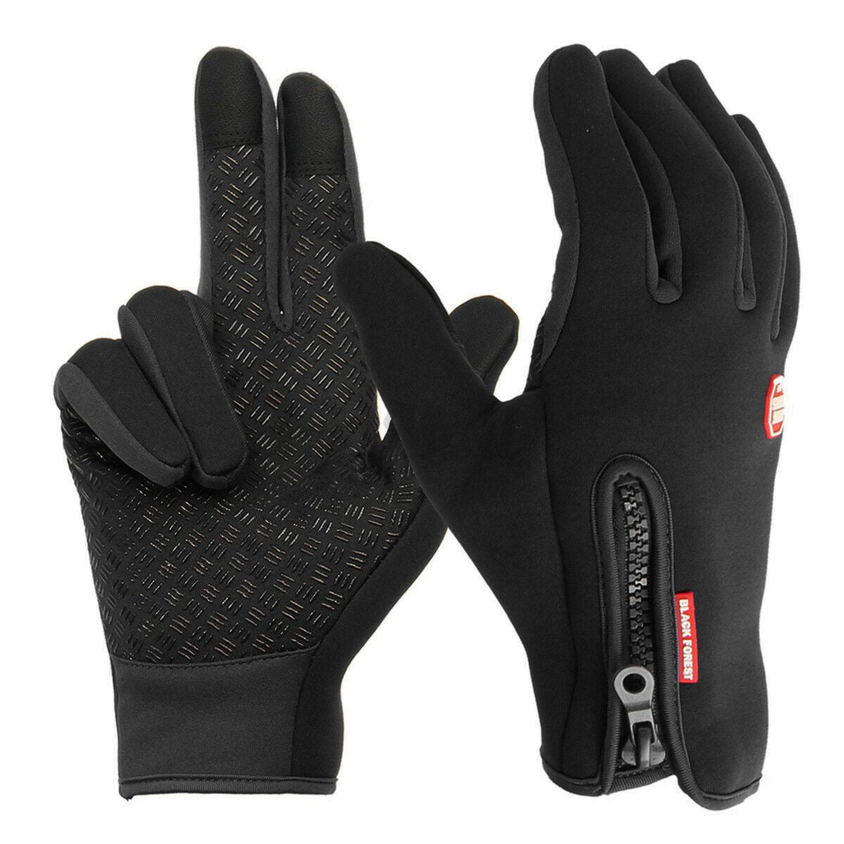 Black Thermal Winter Gloves Touchscreen Anti-Slip Windproof Zip Warm Cold-Weather