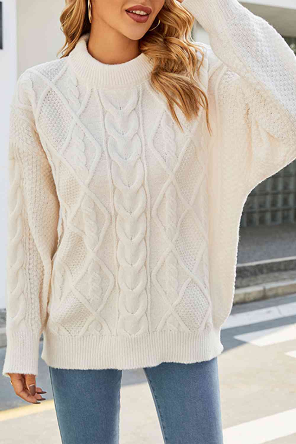 Women's Cable Knit Sweater Stand Collar Oversized Mixed-Texture Relaxed Pullover