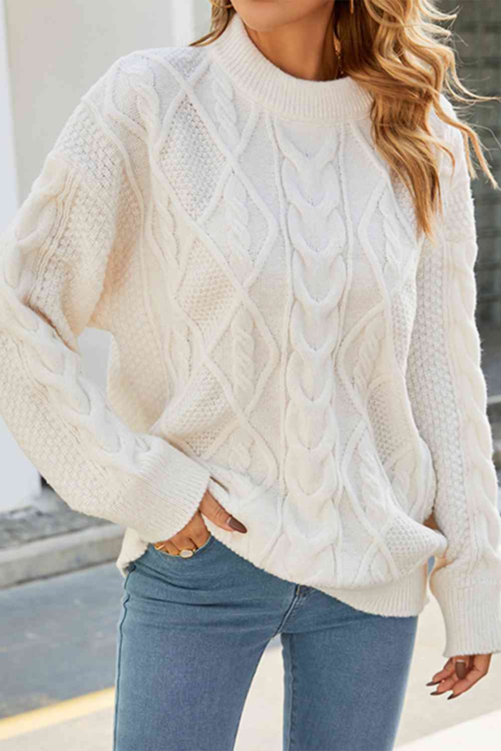 Women's Cable Knit Sweater Stand Collar Oversized Mixed-Texture Relaxed Pullover